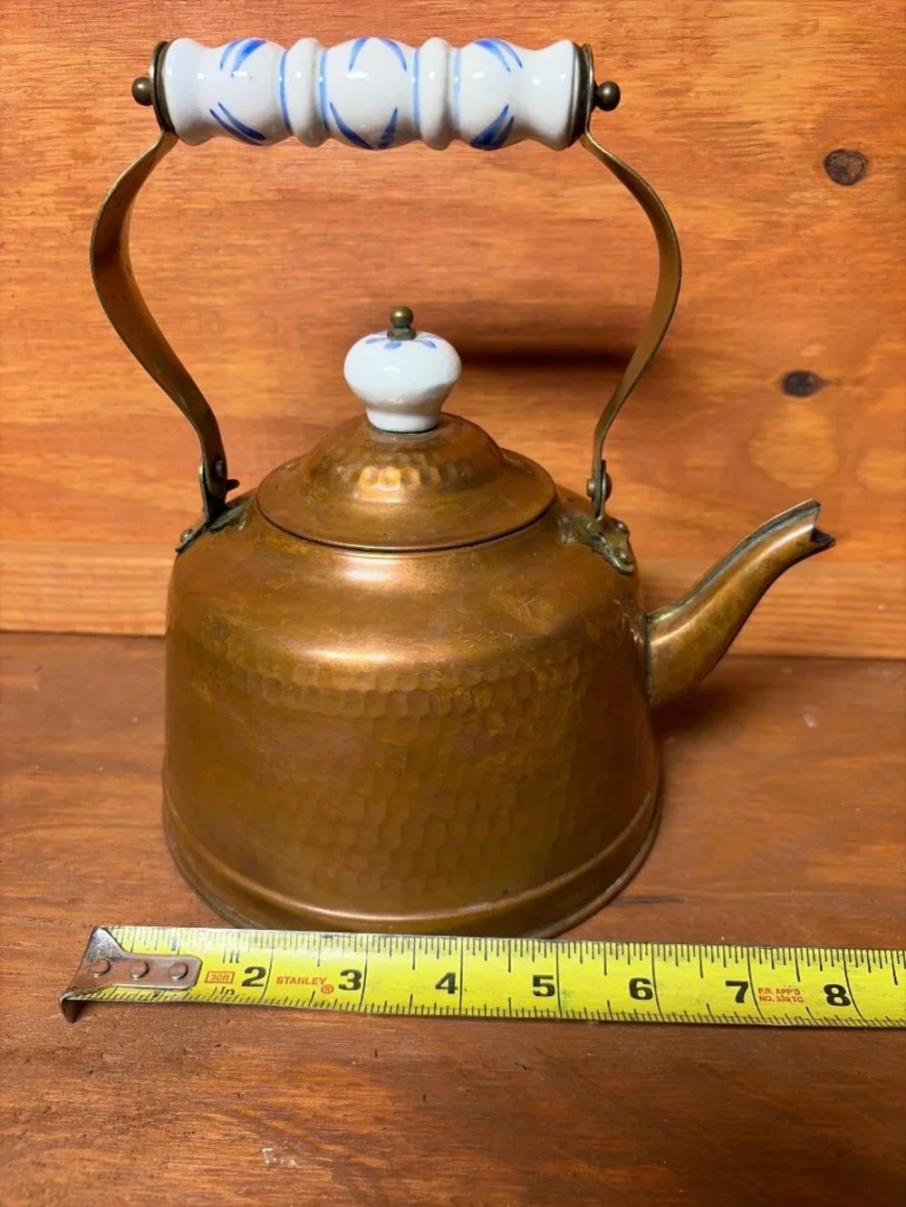 Vintage Dimpled Copper/Brass Teapot Ceramic Handle & Knob - *READ*